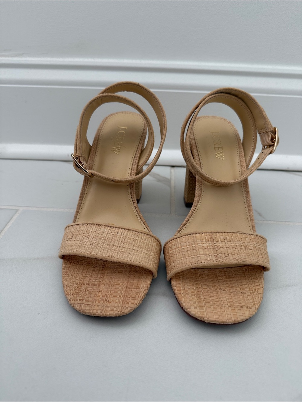 J. Crew Tan Woven Block Heel Sandals